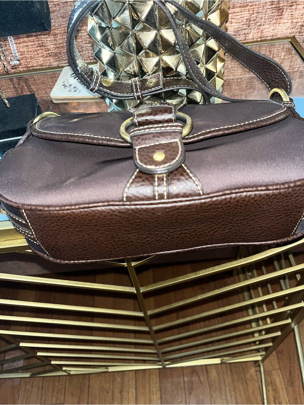 Chaps Small Shoulder Bag in Dark Brown with Gold Hardware - Picture 3 of 4
